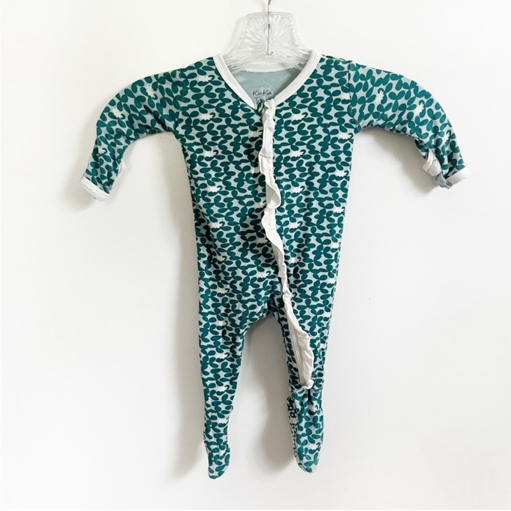 Kickee Pants sleeper green white flowers ruffles bamboo one piece zipper